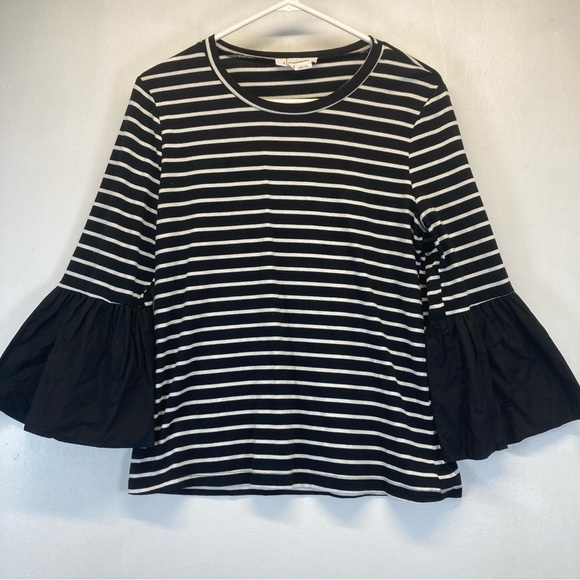 Anthropologie Tops - Anthropologie M Black White Striped Mixed Media Long Bell Sleeve Top